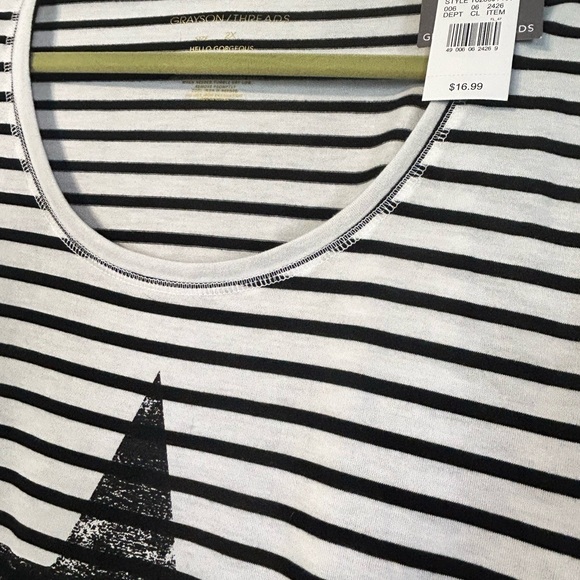 Striped Black and White Star Print Women's Top - Picture 3 of 4